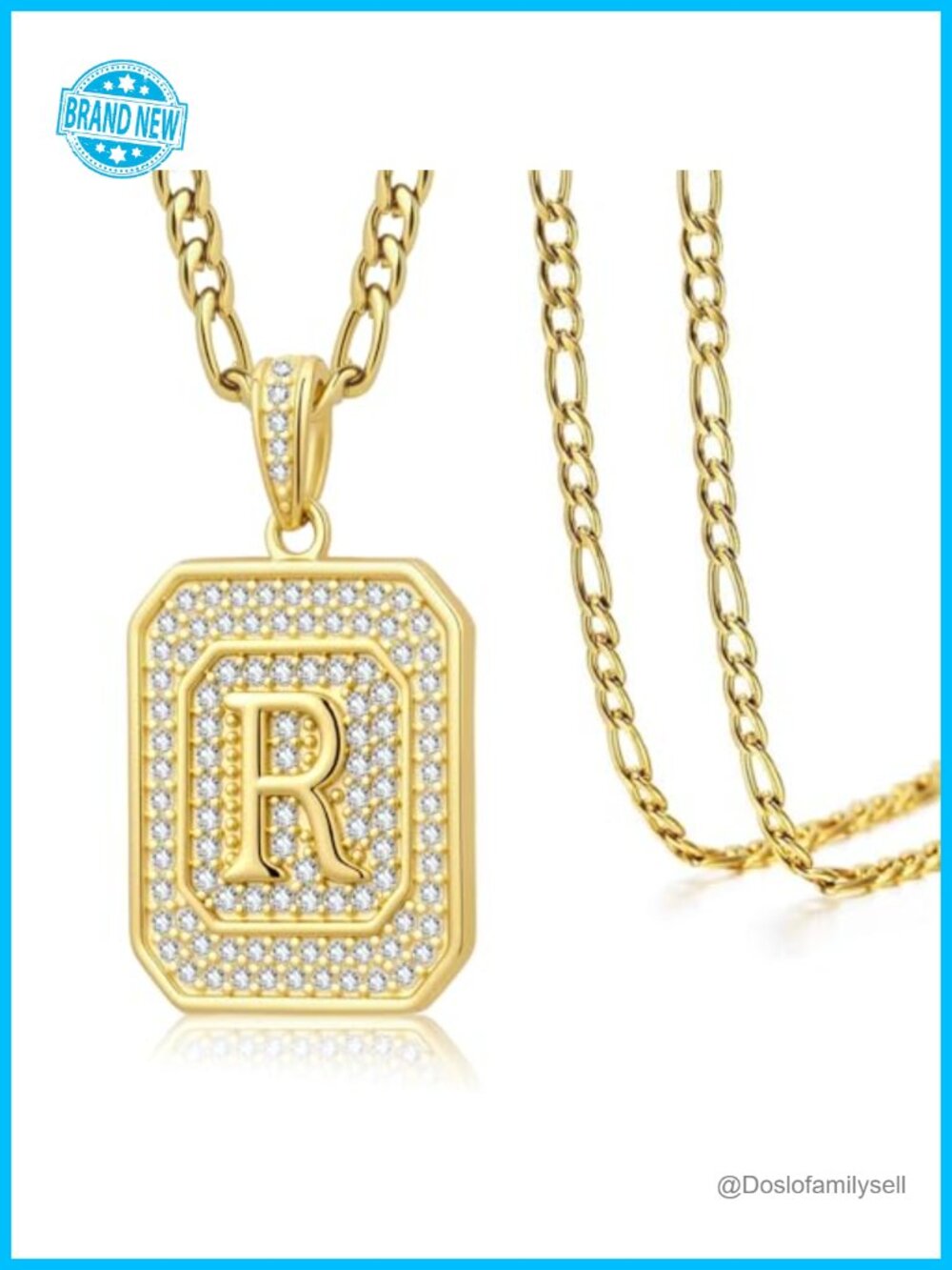Gold Plated Initial Necklace with Cubic Zirconia, 20" Figaro Chain